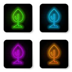 Glowing neon line Tree icon isolated on white background. Forest symbol. Black square button. Vector.
