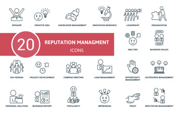 Reputation Management icon set. Contains editable icons reputation management theme such as creative idea, innovation research, organization and more.