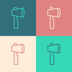 Pop art line Wooden axe icon isolated on color background. Lumberjack axe. Vector.