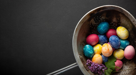 Banner Painted Easter eggs and branch of lilac