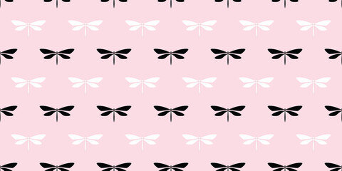 Black white and pink dragonfly seamless pattern background
