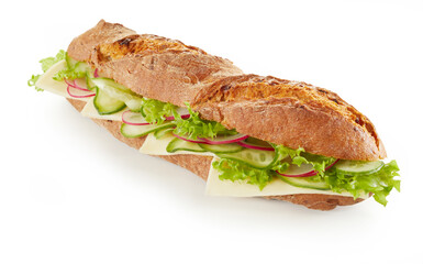 Tasty sandwich with baguette and vegetables on table