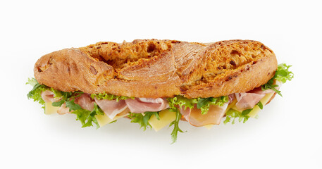 Baguette sandwich with ham and cheese on white background