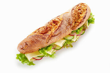 Tasty baguette sandwich on white table