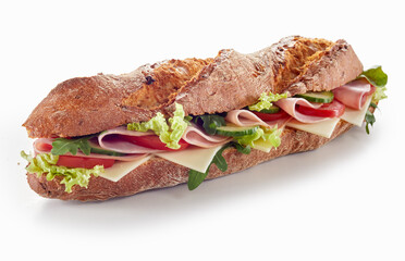 Fresh sandwich with ham and vegetables on table