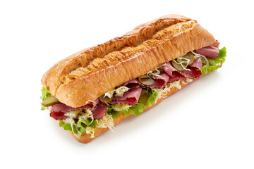 Delicious sandwich with ham and vegetables on table