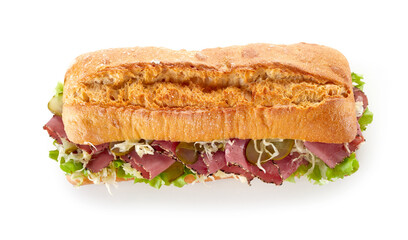 Appetizing baguette sandwich with ham on table