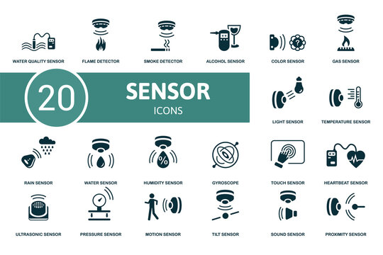 Sensor icon set. Contains editable icons sensor theme such as flame detector, alcohol sensor, gas sensor and more.