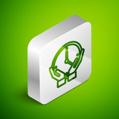 Isometric line Clock icon isolated on green background. Time symbol. Silver square button. Vector.