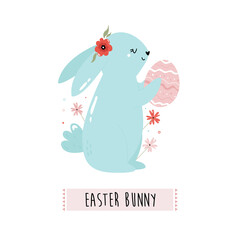 Happy Easter vector illustration with cute rabbit and flowers