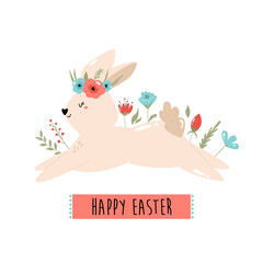Happy Easter vector illustration with cute rabbit and flowers