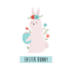 Happy Easter vector illustration with cute rabbit and flowers