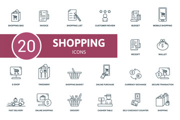 Shopping icon set. Contains editable icons shopping theme such as invoice, customer review, mobile shopping and more.