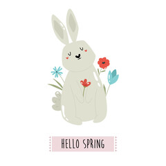 Happy Easter vector illustration with cute rabbit and flowers
