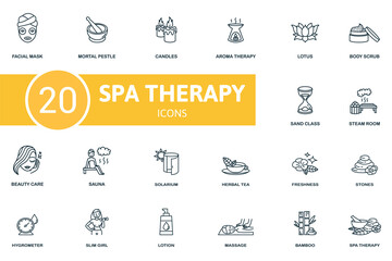 Spa Therapy icon set. Contains editable icons spa therapy theme such as martar and pestle, aroma therapy, body scrub and more.