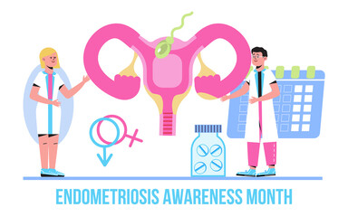 Endometriosis Month takes place across world, with the aim of increasing awareness and highlighting symptoms of this debilitating condition. Doctor treat human uterus vector.