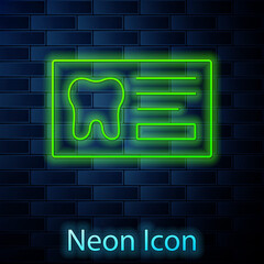 Glowing neon line Clipboard with dental card or patient medical records icon isolated on brick wall background. Dental insurance. Dental clinic report. Vector.