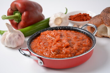 Matbucha - Moroccan Tomato dip, spread or condiment - Cooked Spicy Tomatoes, Peppers, Garlic and Chili Pepper