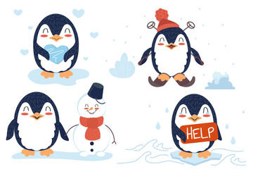 Set of cute penguins. Cartoon vector character with different emotions.