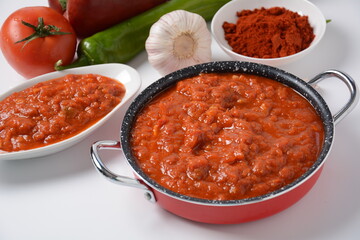 Matbucha - Moroccan Tomato dip, spread or condiment - Cooked Spicy Tomatoes, Peppers, Garlic and Chili Pepper