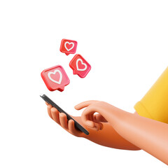 Cartoon character hand holding smartphone with social network like heart icons isolated over white background.