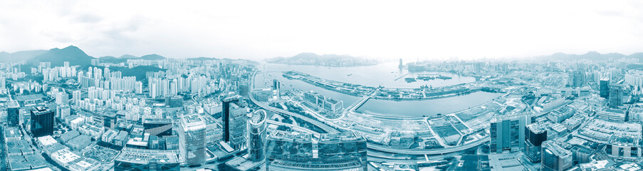 Panorama view of Hong Kong city in blue color tone