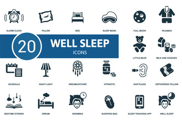 Well Sleep icon set. Contains editable icons well sleep theme such as pillow, sleep mask, pajamas and more.