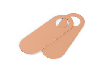 Blank door hanger tags for room in hotel, resort, home. Kraft door hanger mockup template on isolated white background, 3d illustration