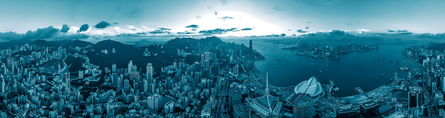 Naklejka na ściany i meble Panorama view of Hong Kong city in blue color tone