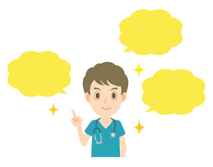 笑顔で説明する若い男性医師　吹き出し