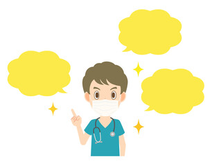 説明する若い男性医師　マスク着用　吹き出し