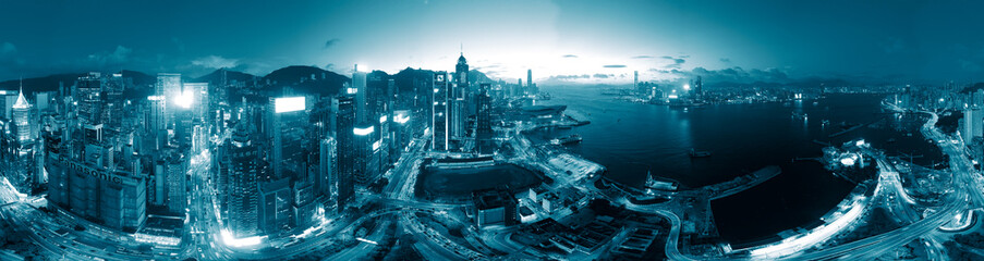 Panorama view of Hong Kong city in blue color tone