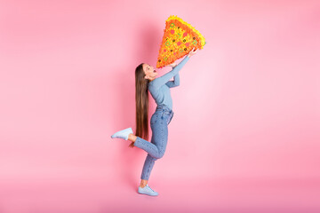 Full body profile photo of cheerful young lady arms hold large pizza collage isolated on pink color...