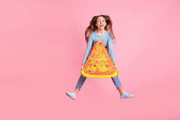 Full size portrait of excited cheerful girl hands hold big pizza collage open mouth isolated on pink color background