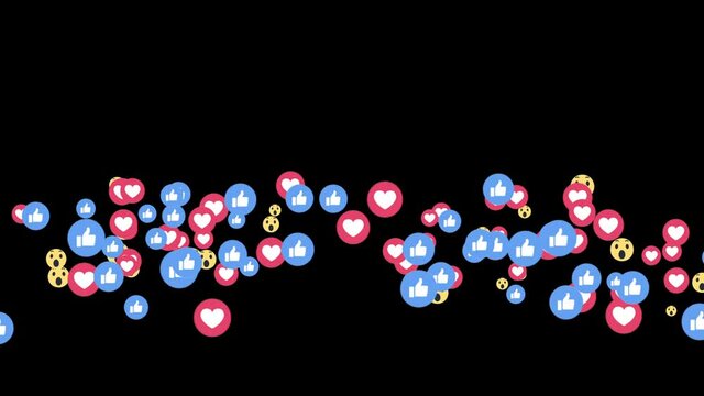 Facebook positive reactions right to left with likes, hearts, wow and luma matte on tail perfect for motion graphic and compositing