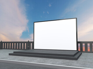 Fototapeta premium Concrete interior with city view, sunlight and empty banner with lamps. Mock up, 3D Rendering