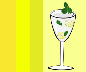 Lemon juice, mint glass, refreshing, yellow background Vector illustration, summer drinks and herbs