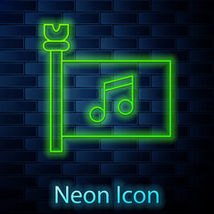 Glowing neon line Music festival, access, flag, music note icon isolated on brick wall background. Vector.