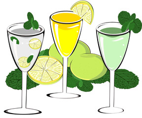 Lemon juice, mint glass, refreshing, yellow background Vector illustration, summer drinks and herbs