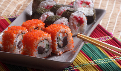 Close up of sushi roll. Food concept. Japanese kitchen