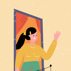 The girl waves to the world, the neighbor with a hand from the balcony. The girl stands at the window of the apartment. Vector illustration in trendy flat style