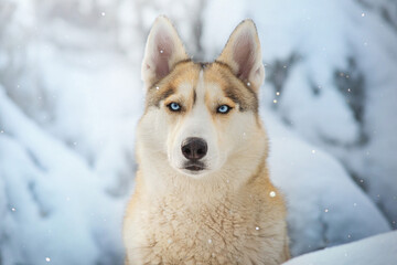 Husky portrait in snow winter forest