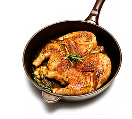 grilled chicken in a frying pan on a white plate with rosemary and garlic