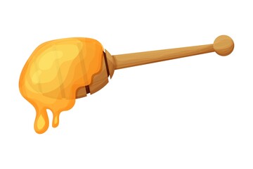 Wooden Honey dipper, spoon in cartoon style isolated on white background. Organic, natural food, ingredient. Beekeeping product.