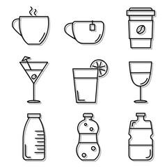 Drinks, Glasses and Cups. Set of Flat Icons. Black Stroke on White Background in Outline Design. Set for Cafe or Restaurant Menu. Vector EPS10