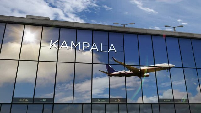 Jet aircraft landing at Kampala, Uganda 3D rendering animation. Arrival in the city with the glass airport terminal and reflection of the plane. Travel, business, tourism and transport concept.