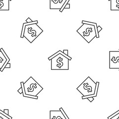 Obraz premium Grey line House with dollar symbol icon isolated seamless pattern on white background. Home and money. Real estate concept. Vector.