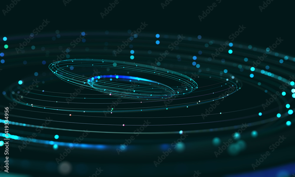 Aufkleber Data center, Big data analytics. Business technologies of our time. Massive data, digital funnel, information whirlpool. Orbit, trajectory, flow, information 3D illustration