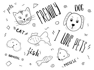 Pets head set. Rodents cat dog and fish Lettering. Black and white. Doodle isolated outline objects on white.