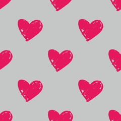 Tile vector pattern with hand drawn pink hearts on grey background